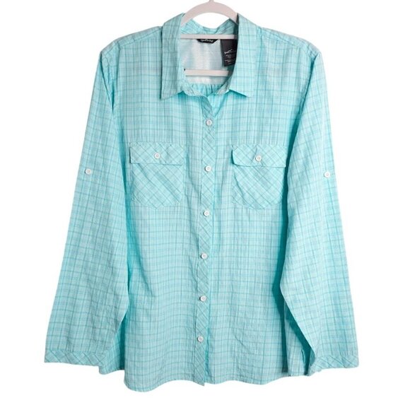 EDDIE BAUER Women's Button Up Down Shirt LIGHT GREEN PLAID size XXL Long Sleeve - Picture 1 of 5
